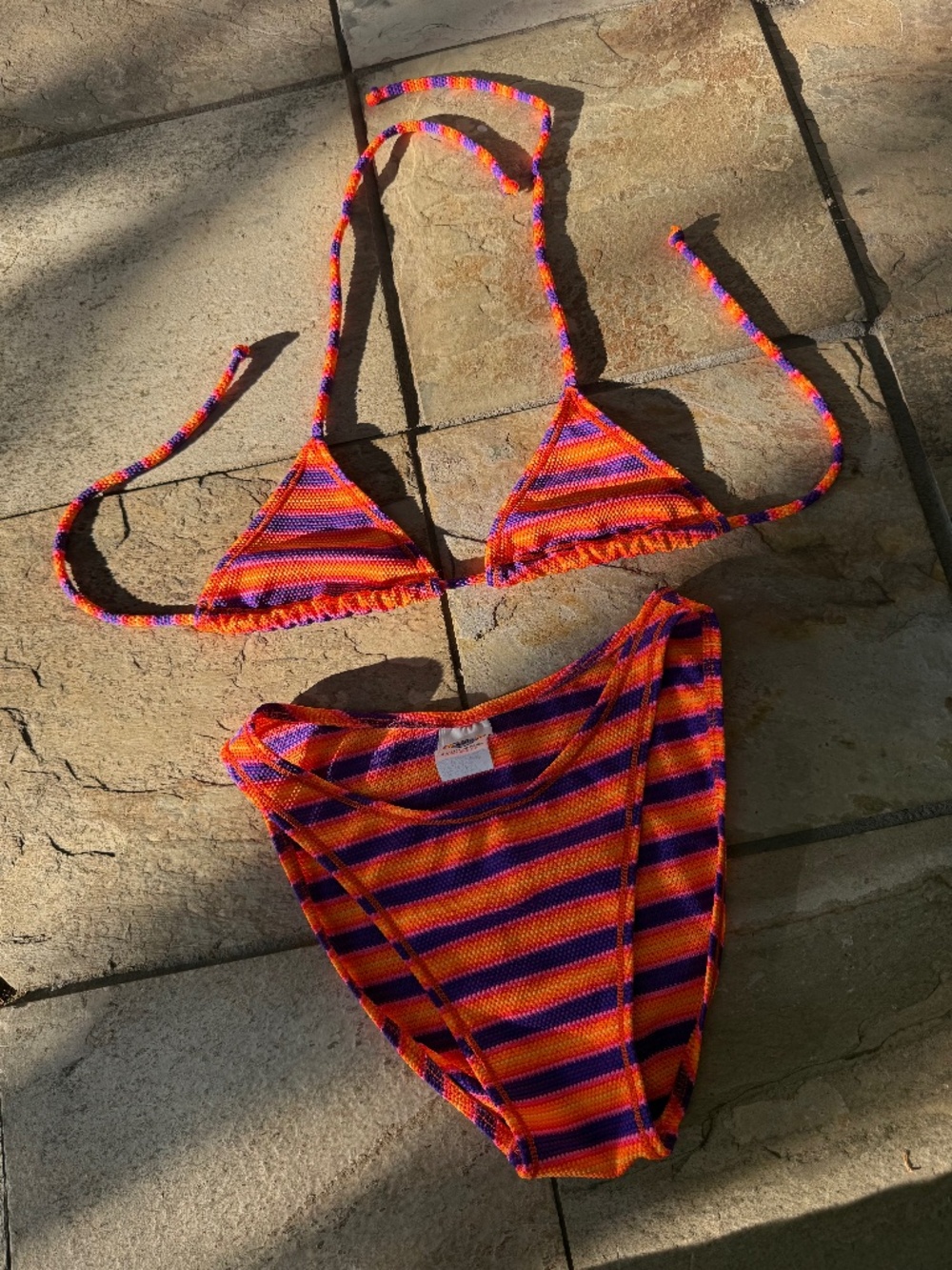 1980s High Cut Bikini Swimsuit Mystic Bay 9/10 & 5/6 Top Orange & Purple Striped